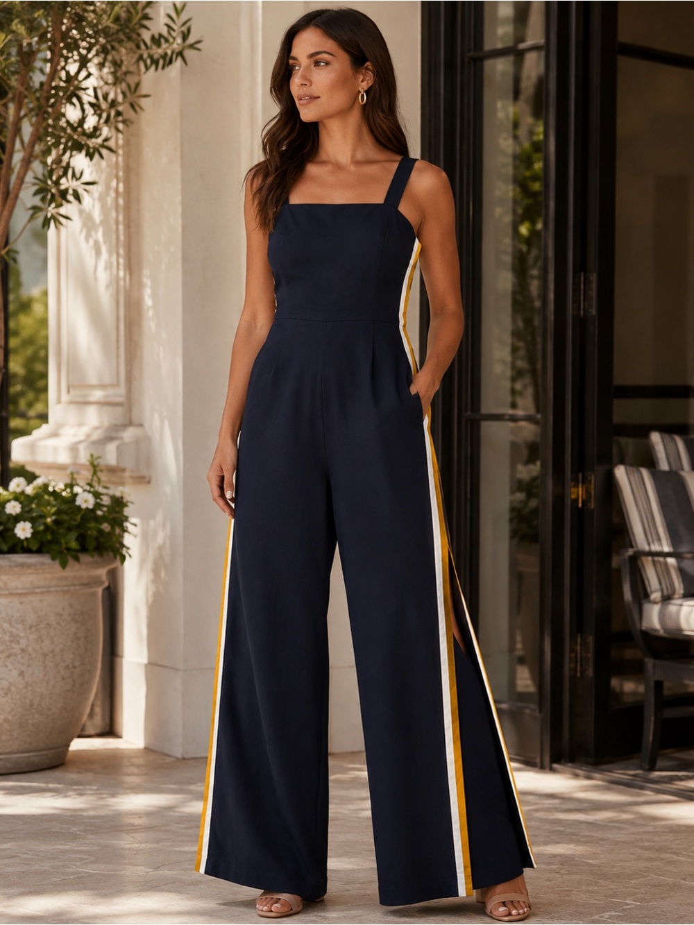 Gianni Bini Women’s Size 8 Navy Wide Leg Jumpsuit Side Stripe Square Neck